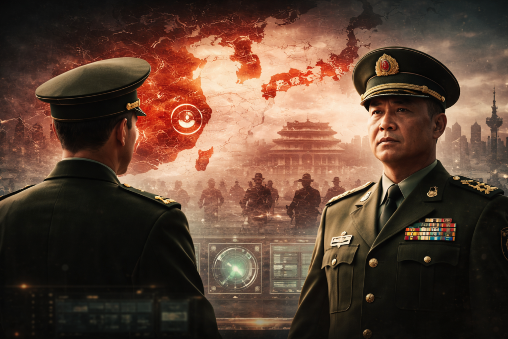 A symbolic editorial image representing China’s PLA leadership reshuffle and centralized political control over strategic theater commands