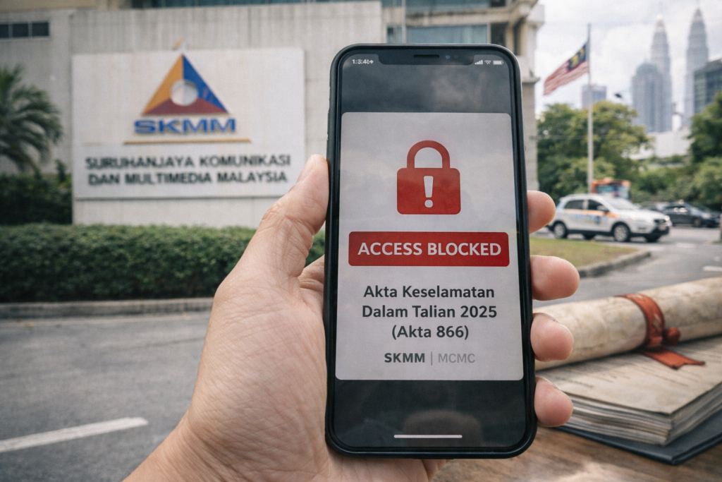 Penguatkuasaan Akta Keselamatan Dalam Talian 2025 dengan tindakan sekatan kandungan oleh SKMM.