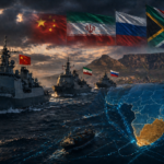 BRICS+ naval vessels near South Africa symbolizing the challenge to Atlantic maritime dominance.