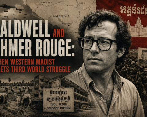 Editorial poster featuring Malcolm Caldwell with Khmer Rouge imagery, a map of Cambodia and wartime visual elements from the 1970s.
