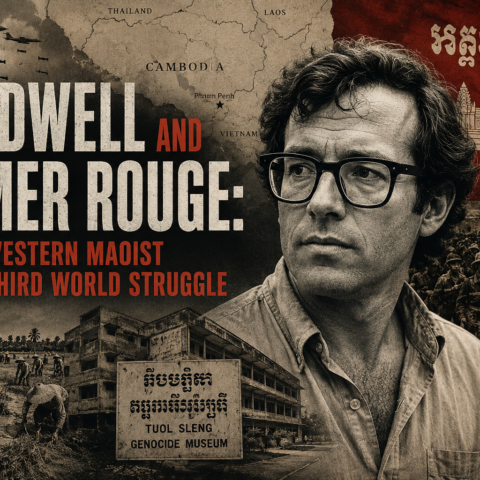 Editorial poster featuring Malcolm Caldwell with Khmer Rouge imagery, a map of Cambodia and wartime visual elements from the 1970s.