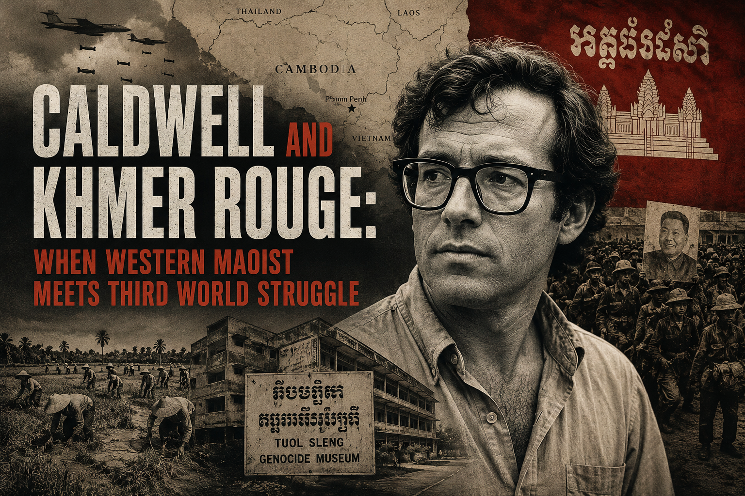 Editorial poster featuring Malcolm Caldwell with Khmer Rouge imagery, a map of Cambodia and wartime visual elements from the 1970s.