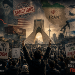 Silhouettes of Iranian protesters against the backdrop of Tehran, with imagery symbolising sanctions, inflation, and geopolitical tensions.