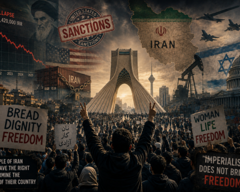 Silhouettes of Iranian protesters against the backdrop of Tehran, with imagery symbolising sanctions, inflation, and geopolitical tensions.