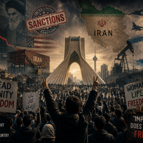 Silhouettes of Iranian protesters against the backdrop of Tehran, with imagery symbolising sanctions, inflation, and geopolitical tensions.