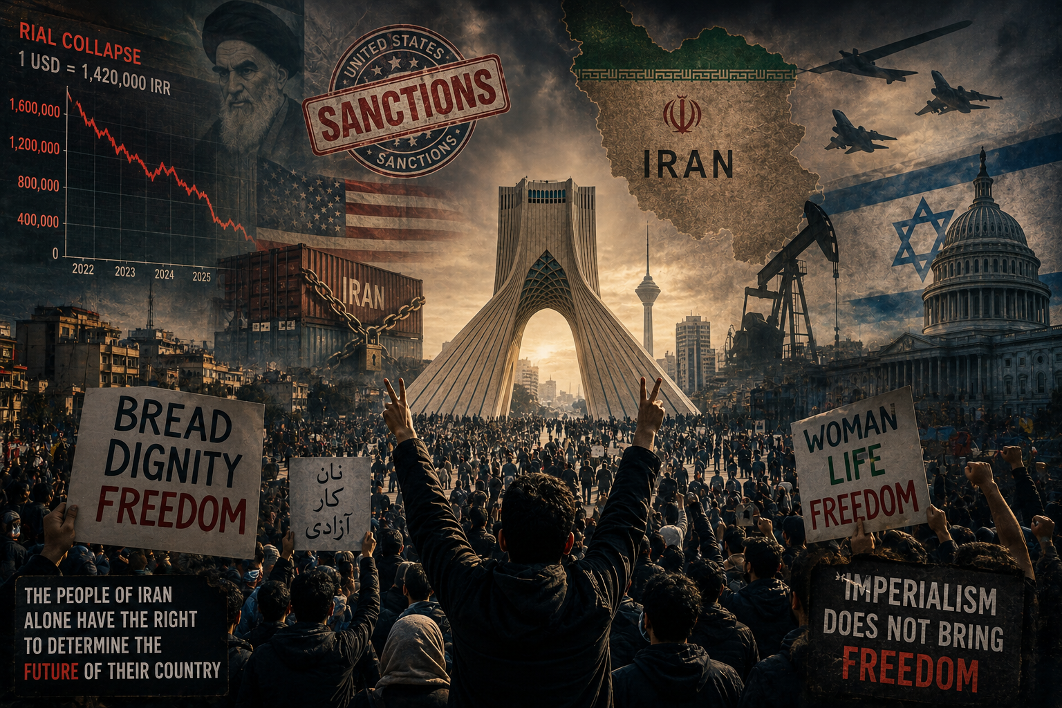 Silhouettes of Iranian protesters against the backdrop of Tehran, with imagery symbolising sanctions, inflation, and geopolitical tensions.
