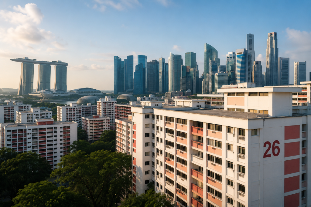 Singapore skyline and HDB public housing blocks, symbolising state-led land and capital control