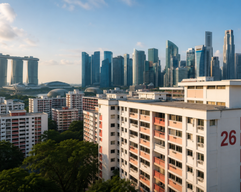 Singapore skyline and HDB public housing blocks, symbolising state-led land and capital control